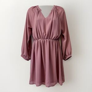 Boho Flowy Fairy Long Sleeve V Neck Lined Mini Dress Womens M Mauve Blush Pink